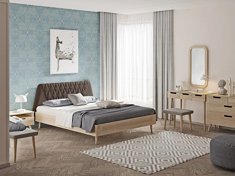 Кровать в стиле минимализм Lagom Hill Wood - Оригинальная кровать без встроенного основания из массива сосны с мягкими элементами.